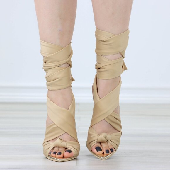 Nude Open pointed Toe High Heel Ankle Strap Fabric Gold Needle Heel - Picture 10 of 14